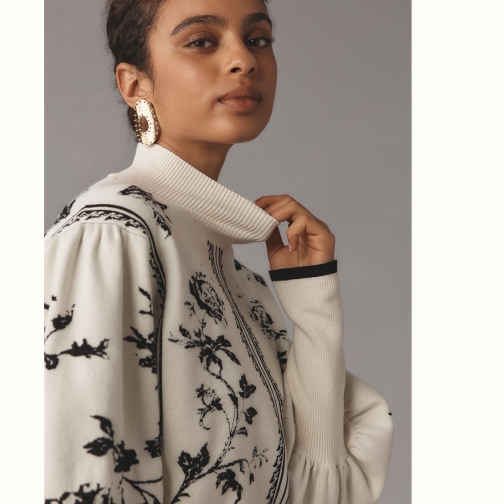 NWT Anthropologie Balloon-Sleeve Embroidered 3D Flowers Turtleneck Sweater - Picture 7 of 17
